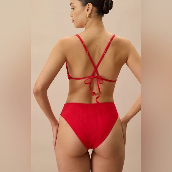 Rihoas The Red Ribbed Cross Back Bikini Top and high waisted bikini bottom Set S - Picture 2 of 8